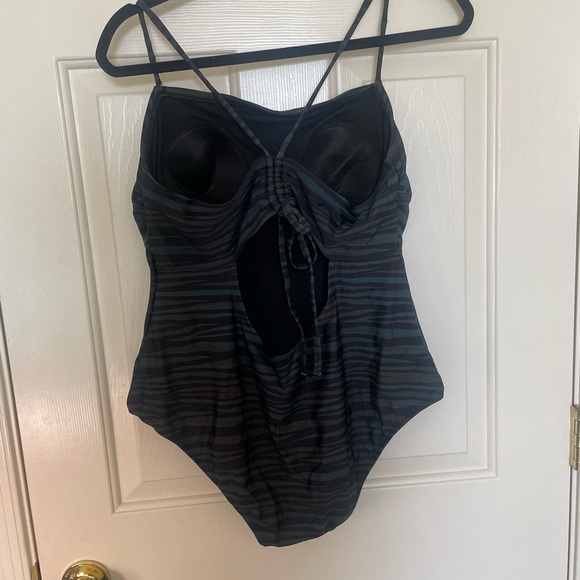 Kona Sol straight neck cinched back blue, green and black pattern one piece | L - Picture 6 of 10